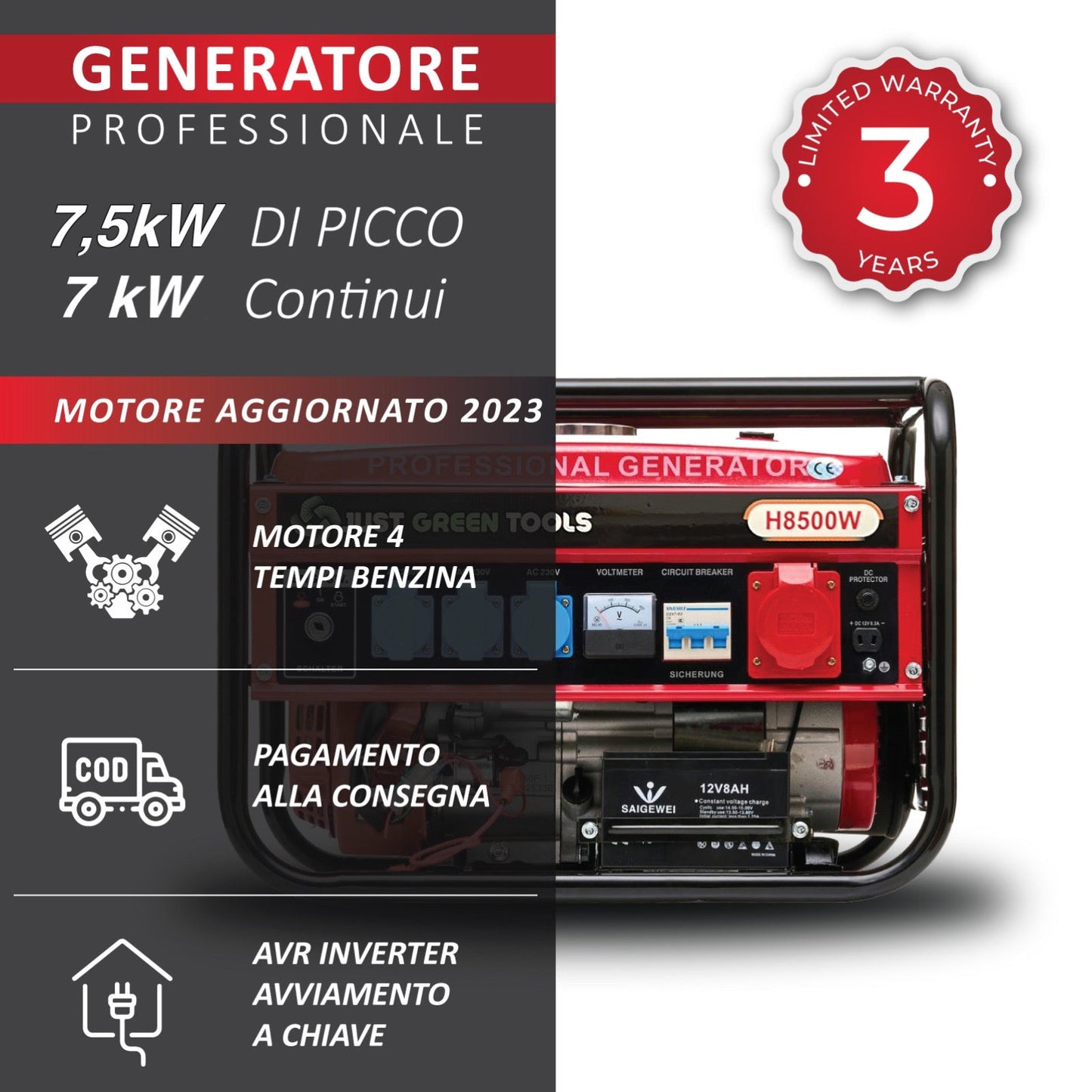 Generatore Di Corrente Silenziato 8500W  8.5Kw (220/380v) Trifase Inverter AVR Avviamento Elettrico